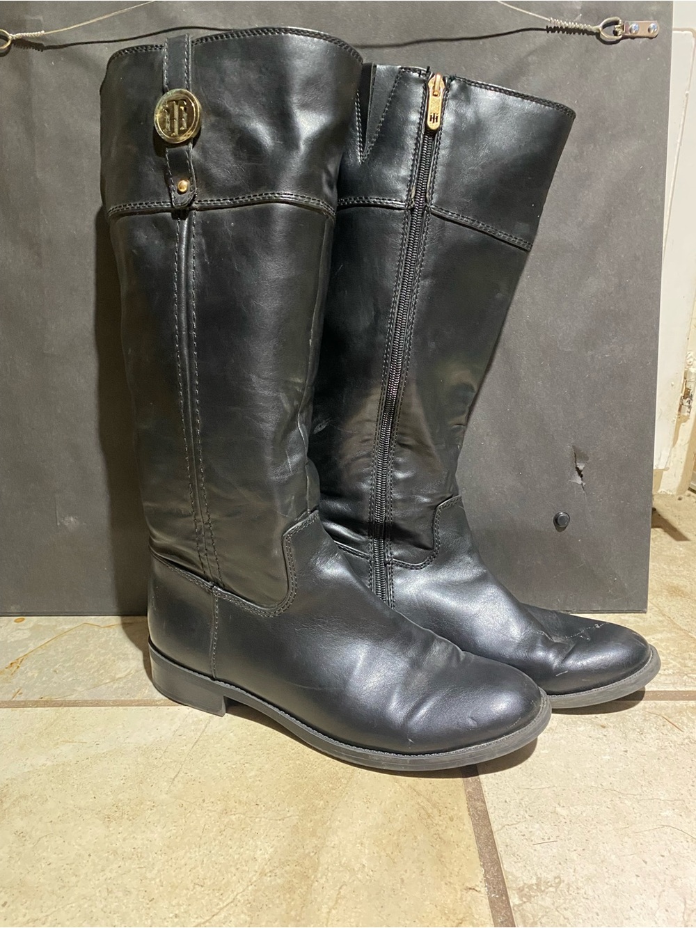 Tommy Hilfiger Black Leather Tall Riding Boots with Gold Logo